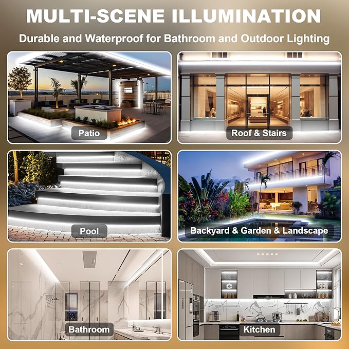 IP67 Waterproof COB LED Strip Lights AC 110V-120V Direct Plug, 66FT Super Bright Outdoor Strip Lights with Double Fuse Controller, 6500K White LED Strips for Garden Patio Commercial Decor