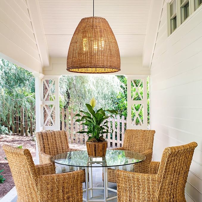 3-Light Dark Curry Rattan Pendant Light,16.54" Rustic Hanging Light,Brown Wicker Pendant Light Hand-Woven Rattan Chandelier for Workplace Restaurants Dining Living Kitchen Farmhouse