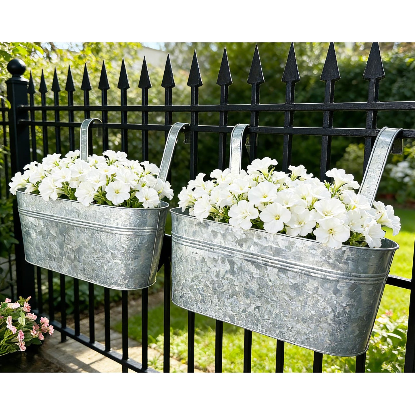 Joyfernal Balcony Galvanized Hanging Planters Railing Flower Pots, Outdoor Metal Fence Planter Pot with Detachable Hooks Drain Hole for Garden Patio Yard Decor (17 Inch, 2Pcs)