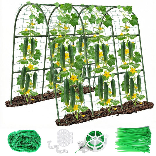 U-Shape Cucumber Trellis for Raised Bed - 47"x47"x22" Metal Garden Trellis with Net & Clips | Rust-Proof Plant Support for Cucumber, Tomato, Peas | Heavy-Duty Outdoor Climbing Plants Trellis