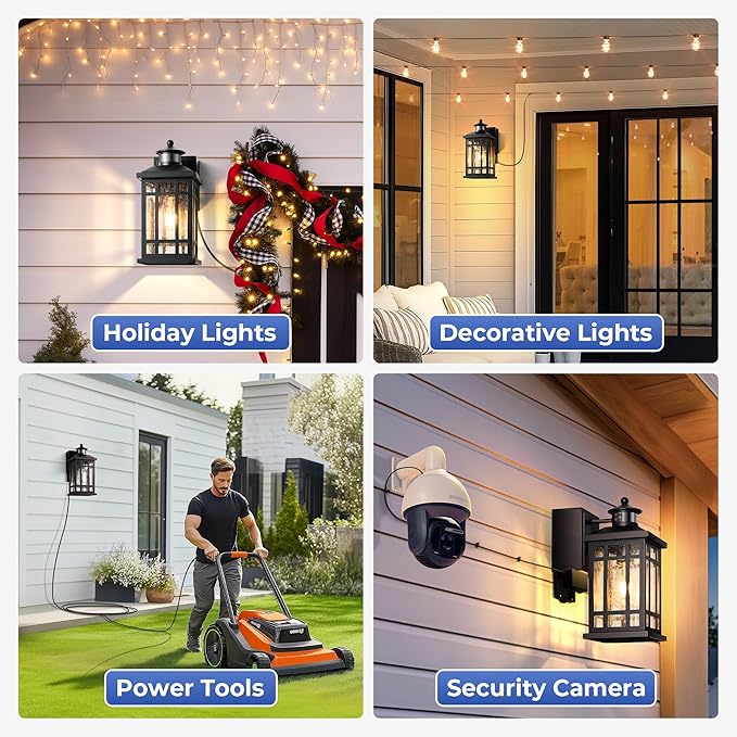 Porch Light with GFCI Outlet, Black Motion Sensor Outdoor Lights 2-Pack, Outside Wall Lights for House, Garage, Doorway, Garden, Aluminum Waterproof and Anti-Rust, Distance and Time Adjustable