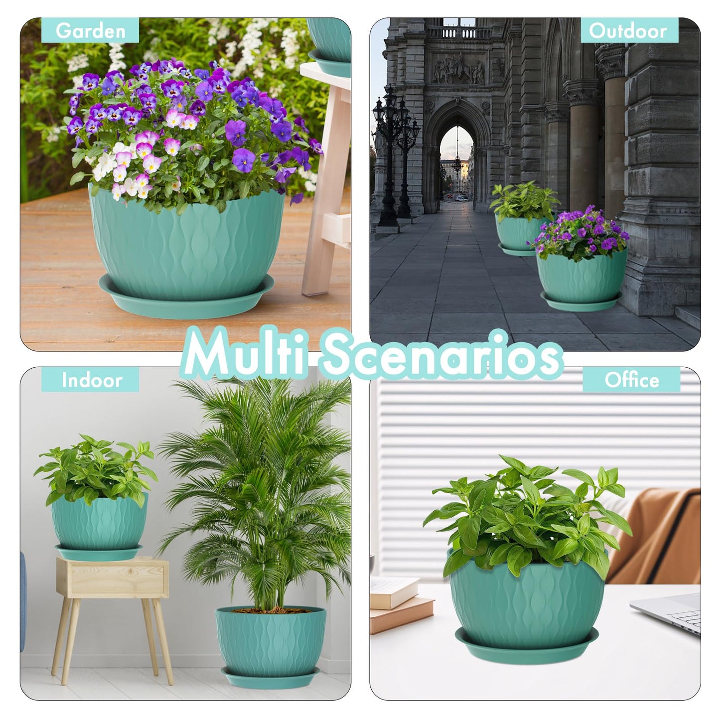 WSMKSZ 12 Inch Large Plant Pots for Indoor or Outdoor Plants, Wide Water Ripples Flower Pots with Drainage Holes & Saucer, Plastic Planters Set for Garden & Home Decor (Blue Green)