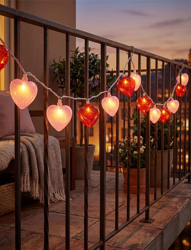 8.5 Ft Heart String Lights, Valentines Day Decorations Lights with 10 LED Glitter Red Pink Heart Lights, Plug in Fairy String Lights for Wedding Anniversary Party Valentine's Day