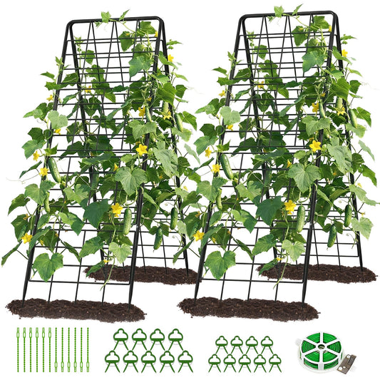 DoCred Cucumber Trellis, 59" H 2 Pack Metal Foldable Thickened A Frame Garden Trellis for Raised Bed Climbing Plants, Vegetables, Including Plant Support Clips, Twist Ties, Plastic Ties, Black