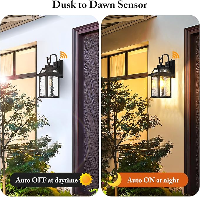 BesLowe Dusk to Dawn Outdoor Wall Lights, Exterior Lighting Fixtures Wall Mount, Porch Lights Outdoor Wall Sconces with Water Ripple Glass, Outside Lights for House Front Door Garage, 2-Pack