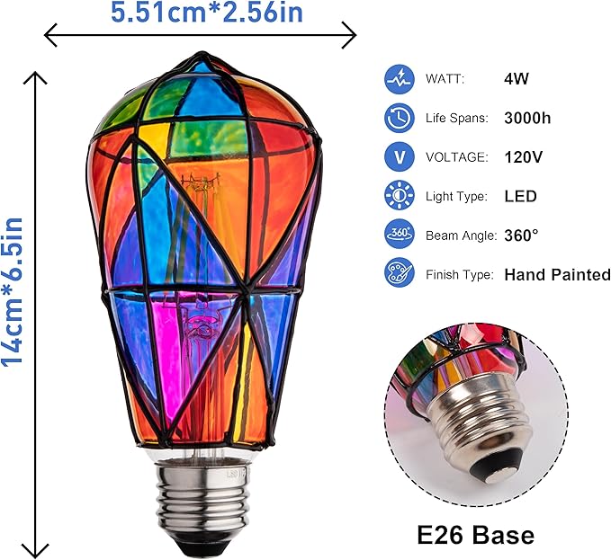 Stained Glass Light Bulb - Rainbow Painted, Mosaic, Multi-Colored Indoor Decorative Bulb - 4W 120V - Fun Romantic and Unique
