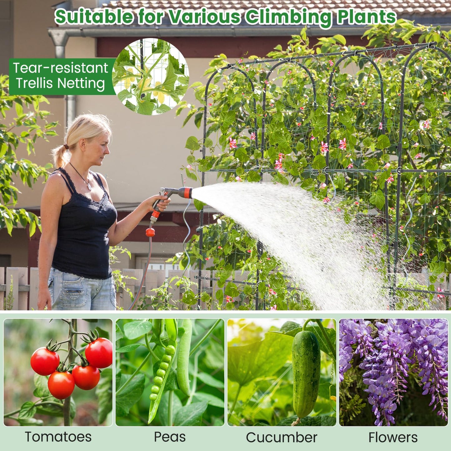 Toolsempire 71" x 71" Cucumber Trellis for Raised Bed, Garden Arch Trellis Metal Plant Support Frame with Netting, Sure-Clips & Ground Stakes, U-Shaped Garden Trellis for Climbing Plants Outdoor
