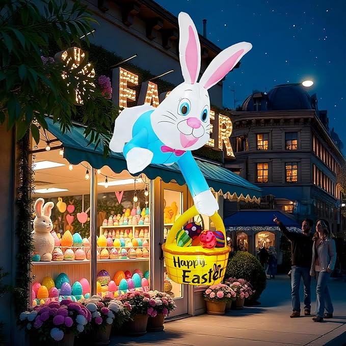 8FT Climbing Easter Inflatables Outdoor Decorations Blue Inflatable Bunny Eggs Decor with LED, Easter Blow Ups for Outside Roof Yard Shop Fence