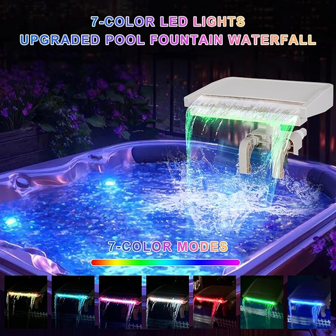 Pool Fountain Waterfall for Above Ground Pools, Swimming Pool Attachment Accessories, Relaxing Cascade Soothing Waterfall, Fits Various Frame Pools (with 7 LED Light)