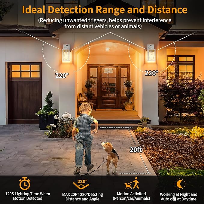 2 Pack Silver Motion Sensor Outdoor Light Fixtures Wall Mount, Dusk to Dawn Front Porch Lights for House, Exterior Wall Sconce, Waterproof Lantern Lamp,Outside Coach Light for Garage Entryway Yard