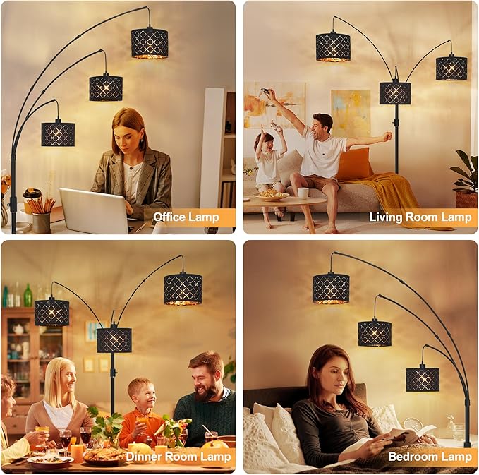 Dimmable Floor Lamp-3 Lights Arc Floor Lamps for Living Room,Modern Tall Standing Lamp with Black Drum Shades,Gothic Mid Century Tree Floor Lamp for Bedroom Corner,3x1000LM LED Bulbs Included