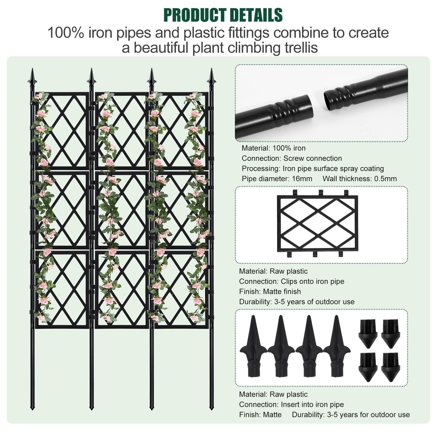 WellSign Garden Trellis for Climbing Plants Outdoor 5.25 FT, Iron Pipe Metal Support Wall Tall Plant Trellis Lattice Fence Plant Support with Garden Twist Tie for Ivy Vines Rose