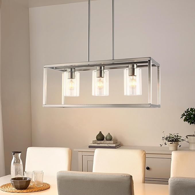 Kalium Chandeliers for Dining Room, 3 Light Dining Room Light Fixture Modern Metal Industrial Kitchen Lighting Fixtures Easy Installation Pendant Lights for Bar Restaurant-E26 Socket, Silver
