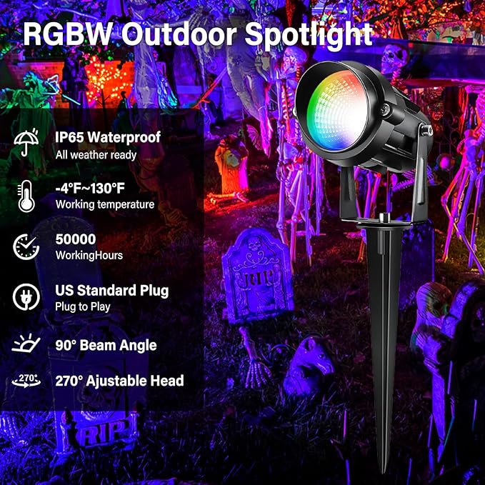 Halloween Christmas Spotlight Outdoor Color Changing Landscape Spotlights,12W RGBW LED Outdoor Spot Lights for Yard Garden Decor,Waterproof 110V Plug in Landscape Lighting with Remote,8 Packs