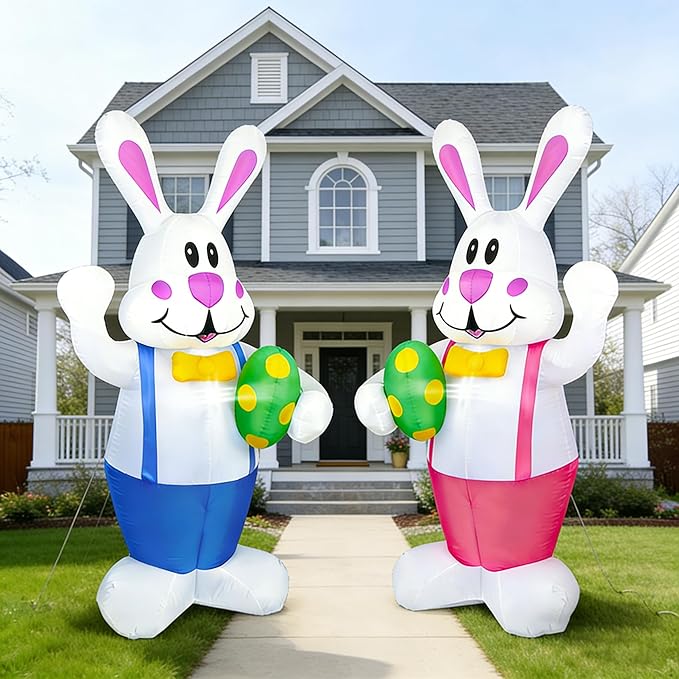 Dearsun Set of 2PCS, 6.2FT H Lovely Easter Inflatable Bunnies Holding Easter Egg, Easter Bunny Blow up Yard Decorations Giant Bunny for Holiday Party Indoor Outdoor Decorations