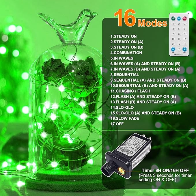 LAMPHOME 33Ft 100 LED Green St Patricks Day Fairy Lights with16 Lighting Modes, Waterproof Twinkle Firefly Lights,String Mini Light Plug in for Indoor Outdoor Tree Garden Party Decoration