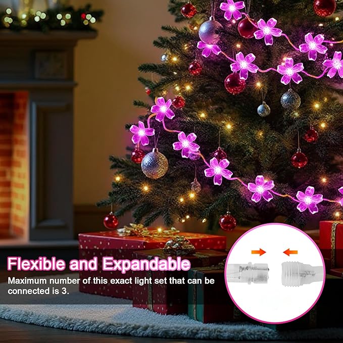 LAMPHOME Pink Flower String Lights, 33ft 100 LED Cherry Blossom Plug in Easter Christmas Tree Hanging Fairy Lamp, 16funstions Garden Bedroom Indoor Decorations for Fence, Wedding Birthday Party