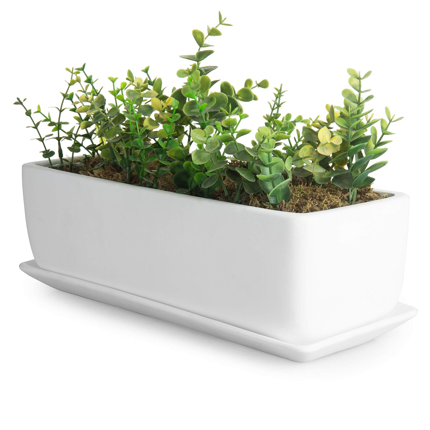 MyGift 14 Inch Ceramic Indoor Plant Pot with Drainage Hole, Rectangular Succulent Planter Window Box with Removable Saucer, Unglazed White