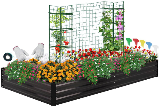 ONCEMORE Galvanized Raised Garden Bed for Vegetables Flowers Herbs, Metal Raised Garden Bed Kit with 2 PCS Tomato Cage, Gloves, Trellis Netting, Plant Labels, Plant Ties, Black 6×3×1FT