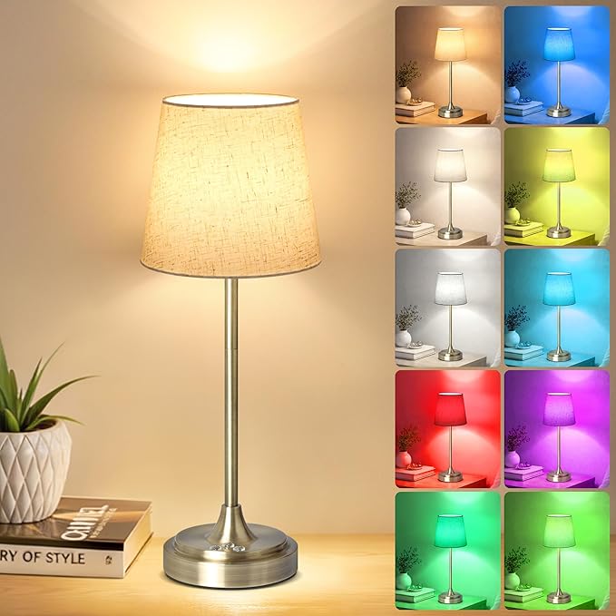 Cordless Table Lamp Rechargeable,5000mAh Battery Operated Desk Lamp,3 Colors & 7 RGB Stepless Dimmable,Touch Ambient Light for Bedside,Bedroom,Dining Room,Living Room,Bronze,FlaxenShade