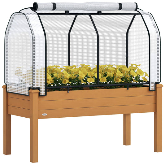 Outsunny Raised Garden Bed with PE Greenhouse Cover Outdoor Elevated Wood Planter Box for Herbs and Vegetables, Use for Patio, Backyard, Balcony, 48 x 22 x 46 inch, Sand