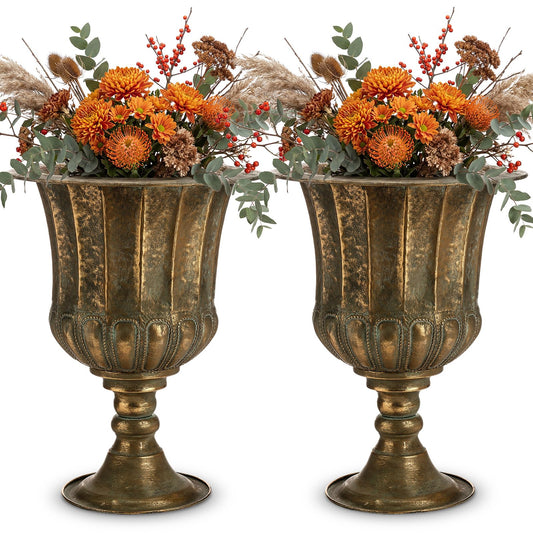 RimCereal 18.5" H Metal Urn Planters for Outdoor Plants, 2 Pcs Bronze Iron Plant Pots, Large Rustic Flower Pots, Vintage Decorative Tall Traditional Planter for Outdoor Front Patio Porch Decoration