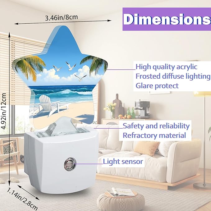 Energy Efficient Nightlights Plug In Wall, Summer Beach Night Light for Kids Bedroom Decorative, Tropical Palm Tree Seagull Dusk-To-Dawn Sensor Sleep Friendly Lamp for Nursery Bathroom Basement