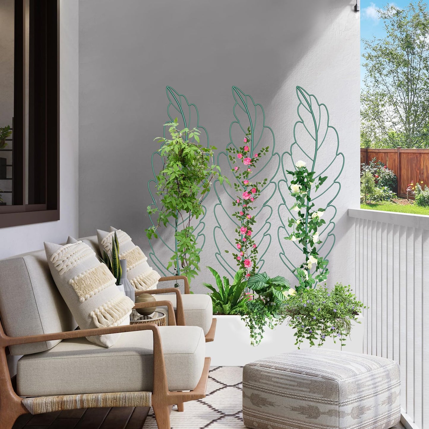 SUNYRISY 3Pack Leaf Metal Garden Trellis for Climbing Plants Outdoor, Metal Plant Trellis for Flowers Tomato Cucumber Rose Vegetable Support Garden Decoration, Green