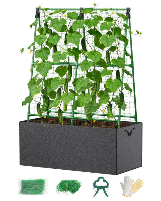 Cucumber Trellis with for Climbing Plants, A-Shape Garden Trellis with Grow Bags, Metal Plant Trellis with Garden Netting for Vegetables Flowers Fruits (A-Shape)