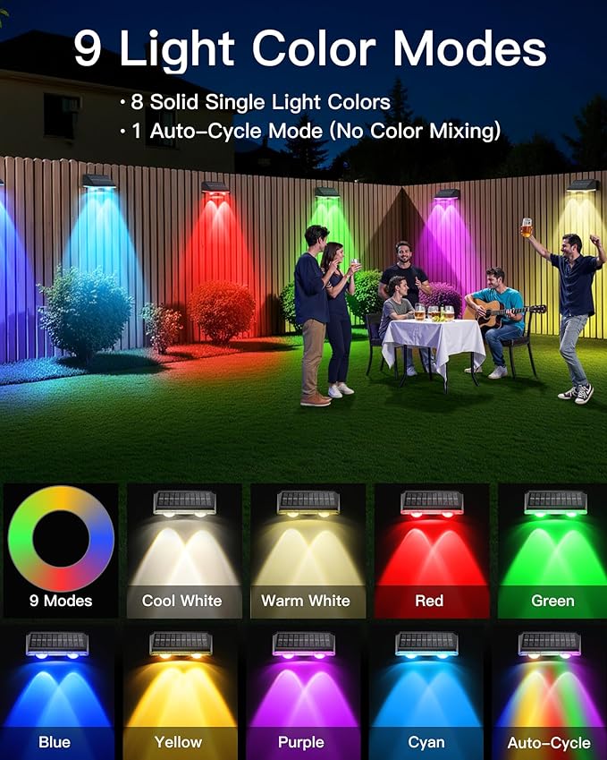 Solar Fence Lights Outdoor, 6 Pack IP65 Waterproof Fence Lights Solar Powered with Ultra-Bright LED Lens, 9 Color Modes, 12+ Hours Steady Glow for Deck/Backyard/Patio/Pool/Wall - Black
