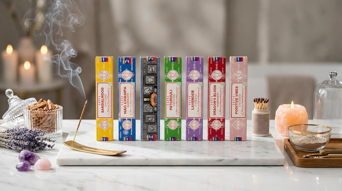Satya Incense Gift Set - Nag Champa, Dragon's Blood, Sandalwood & More | 15g Variety for Positive Vibes