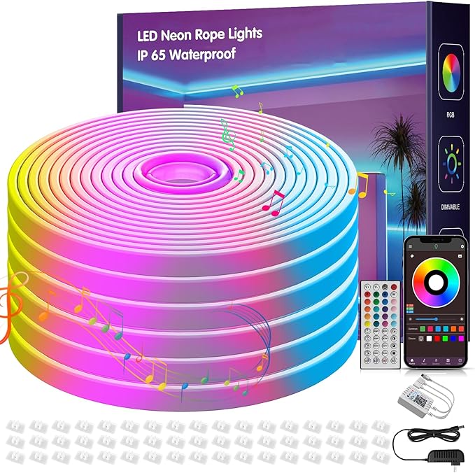 100FT Led Neon Rope Lights Music Sync, RGB Led Strip Lights Outdoor, Neon Led Light Strip with Remote & App Control, DIY Flexible Led Lights for Bedroom, Gaming, Party, Room Decor (2 * 50FT)