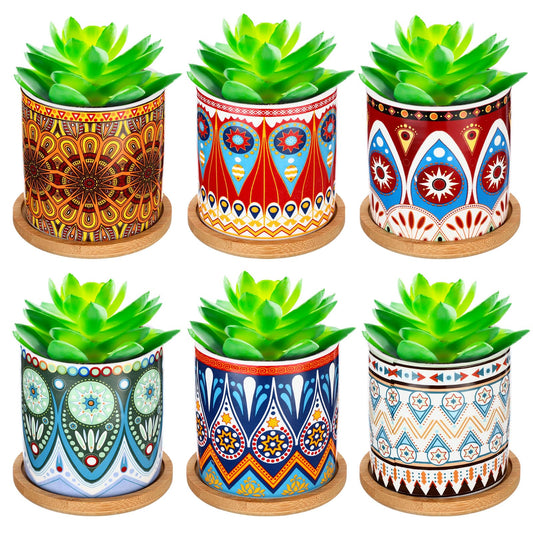 Zopeal 6 Pcs 3 Inch Succulent Pots Succulent Planters Cylinder Ceramic Pots Mandala Multicolor Cactus Pot with Drainage Holes and Bamboo Trays for Indoor Plants Flowers Garden Decoration (Core)