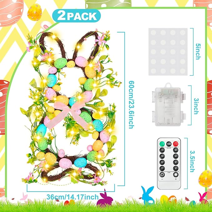 Hotop 2 Pcs Easter Bunny Spring Wreath with 20 LED Lights 23.6'' Easter Rabbit Door Wreath with Bow Eggs Hanging Bunny Wreaths for Front Door Easter Door Hanger for Spring Outdoor Wall Home Decoration