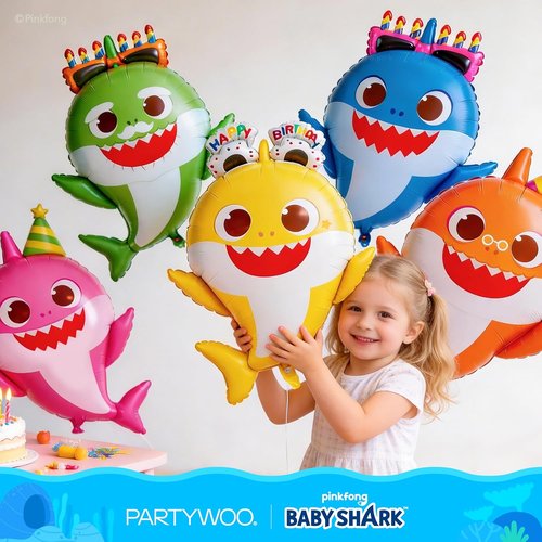 Baby Shark | PartyWoo 37-Piece Foil Balloon Set - Pink Round & Star Mylar Birthday Decorations