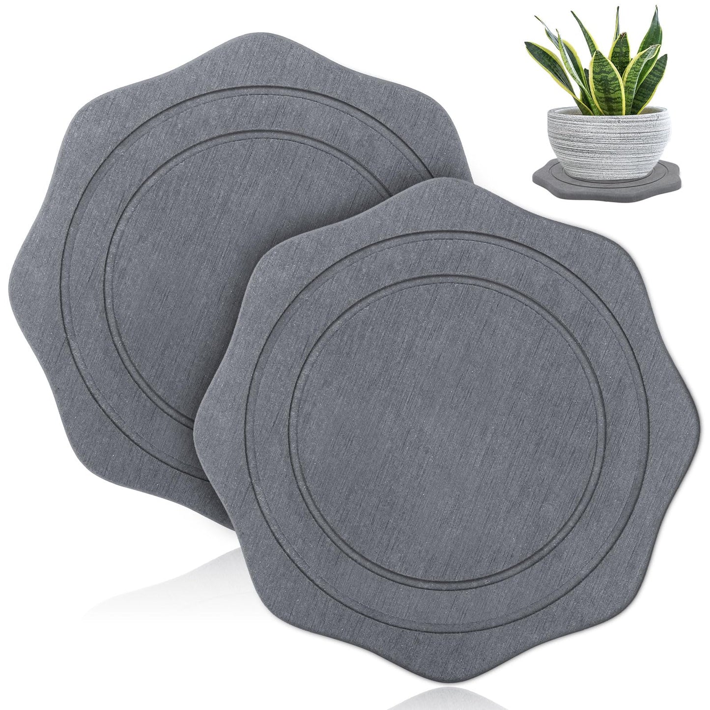 seaflash Plant Saucer for Indoors, 2 Packs 12 inch, Large Diatomaceous Earth Pot Saucers No Holes, Instant Dry Plant Drainage Trays for Pots, Dark Gray