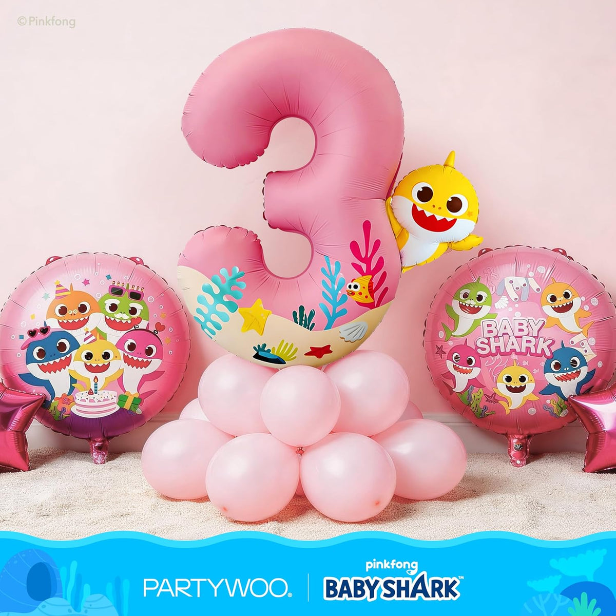 PartyWoo Baby Shark Pink Foil Number 3 Balloon - 5pcs 18-Inch Mylar Helium Birthday Decorations for Kids