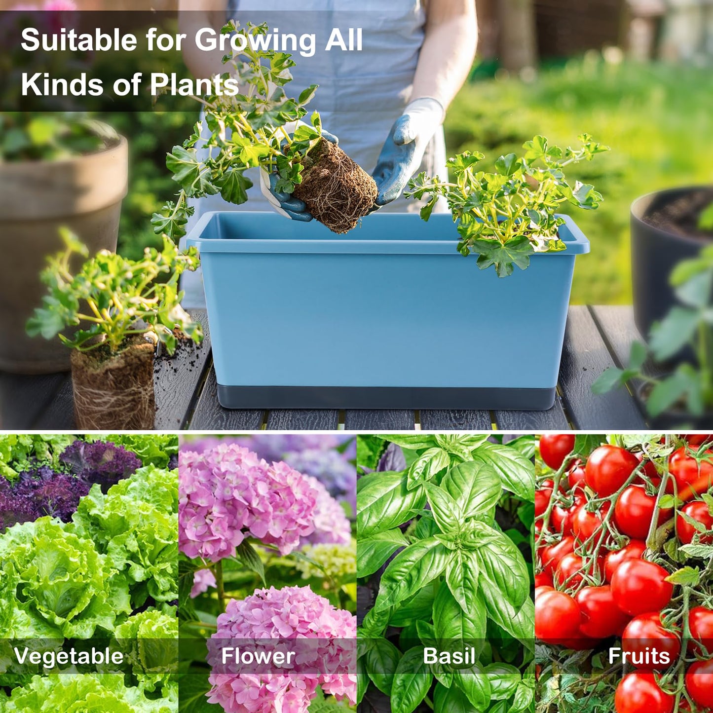 Oliz Window Box Planter 6 Pcs, 17 Inches Rectangle Flower Pots with Drainage Holes and Trays, Vegetable Planters for Windowsill Patio Garden Balcony Indoor Outdoor (Blue, 17 * 7.4 * 7.8 inch)