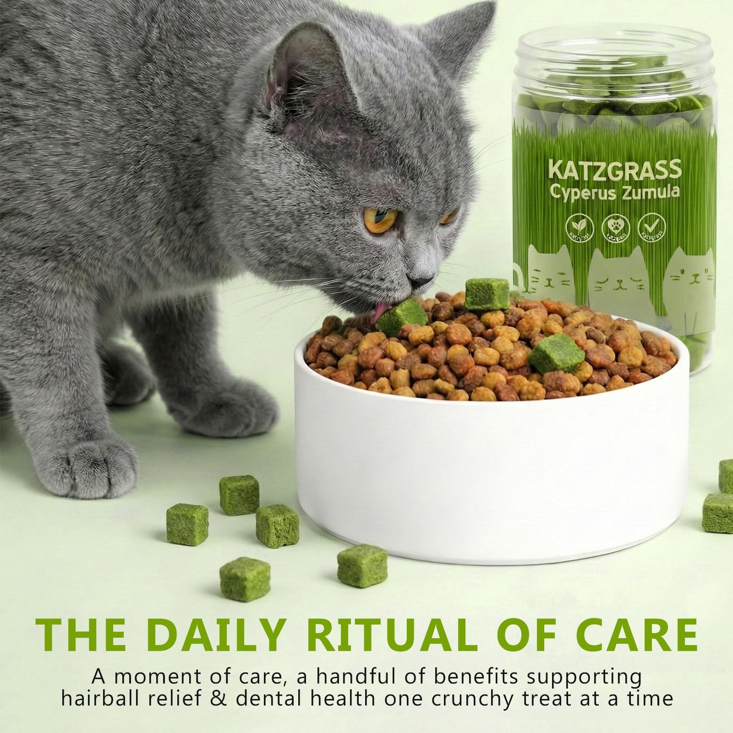 Prettypum Cat Grass Treats for Indoor Cats - Freeze Dried Cat Grass Crunchy Snacks for Hairball Control and Digestive Support - Natural Kitty Grass Supplement - 4.23 oz