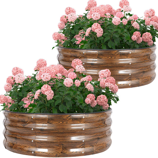 Permade Galvanized Raised Garden Bed- 2Pcs Metal Planter Boxes Outdoor | 12" Tall 36" Round Steel Raised Bed Kit & Fire Pit Ring for Gardening with Protective Tape for Vegetables (Wood Grain)