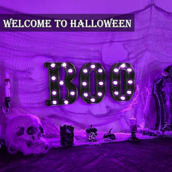 Halloween Decorations Indoor - Boo 3 Pack LED Light Up Hanging Letters Black Boo Signs Light for Indoor Halloween Decor Home Table Party Wall Mantel Fireplace Bedroom, Purple Lights
