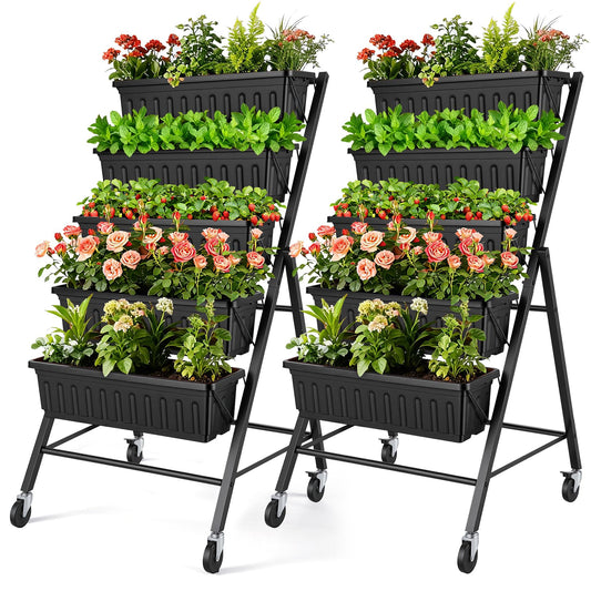 SEJOV 2 Pack Vertical Raised Garden Bed, 5-Tier Vertical Garden Planter with Drainage System, Larger Elevated Planter Box for Herbs Vegetables Flowers Indoor Outdoor (Black with Lockable Wheels