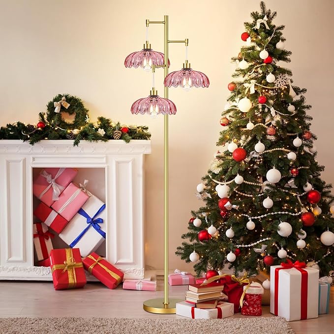 Vintage Floor Lamps for Living Room Bedroom-3 Light Glass Floor Lamp with Three Led Bulb, Tall Flower Floor Lamp Gold Mid Century Modern Standing Lamp Tree Floor Lamps for Living Room Bedroom Corner