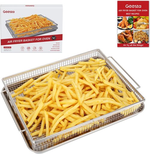 Geesta Air Fryer Basket - Nonstick Crisper Tray & Basket Set with 50 Recipes | 12.5” x 9.5” Stainless Steel
