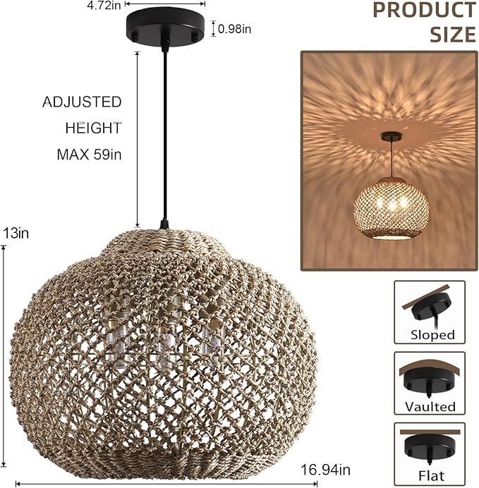 1-Pack 16.94” Rattan Pendant Light Fixture,3-Light Bohemian Handmade Woven Bamboo Rattan Ceiling Suspension Farmhouse Pendant for Kitchen Island Bedroom Living Room