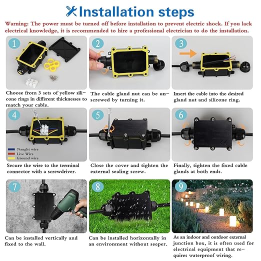 Helunsi Waterproof IP68 External Junction Box, 2 Way Outdoor Junction Box, Underground Plug Line Coaxial Cable Connector Wire Range 5 to 15mm Electrical Power Cord Weatherproof Junction Boxes - Black