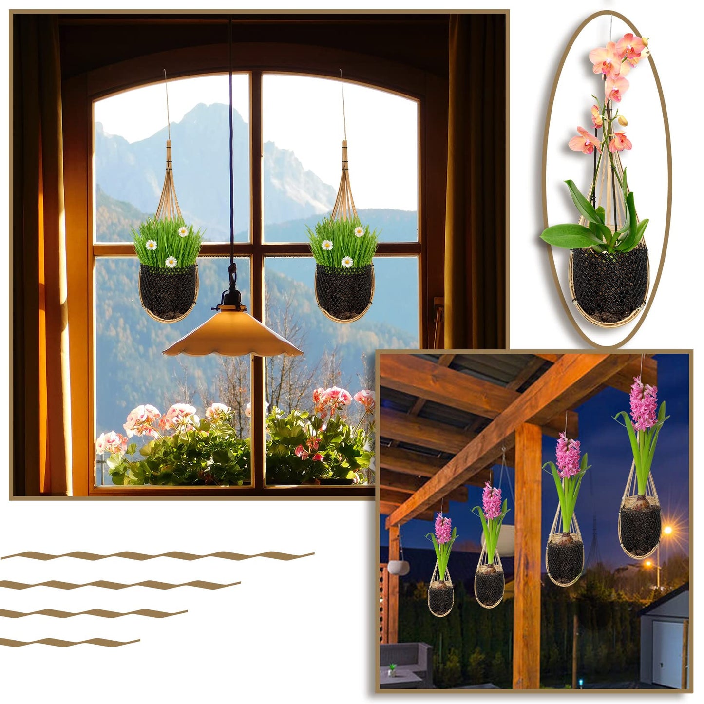 Yookeer 4 Pack Orchid Hanging Basket, 4 Inch Handmade Thai Bamboo Woven Hanging Planter Pot with Adjustable Metal Hook, Breathable Bird Nest Style Gift Basket for Orchids, Indoor Summer Decoration