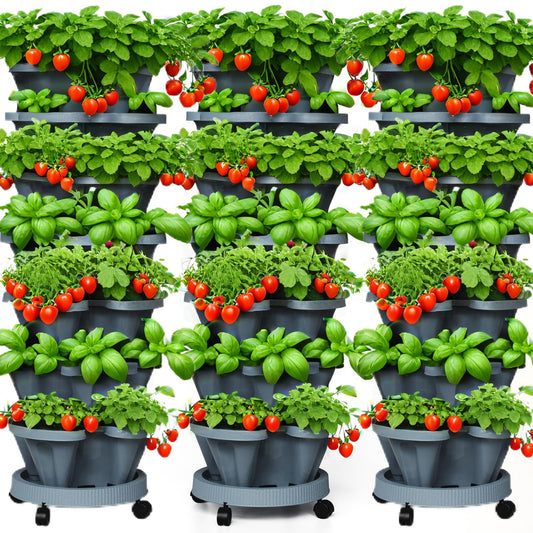 Lykvrii 7 Tiered Strawberry Planters 3 Pack, Vertical Stackable Planter, Herb Stacking Tower Garden, Flower and Vegetable Planters with Support Pole Indoor & Outdoor with Removable Wheels Dark Grey