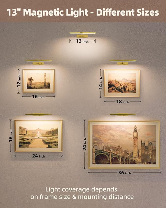 EZVALO Picture Light for Wall, 4800mAh Rechargeable Wireless Remote, Dimmable Magnetic LED Art Display Light with 3 Color Temperatures, for Gallery, Living Room, Bedroom, Hallway (Gold-2Pack)