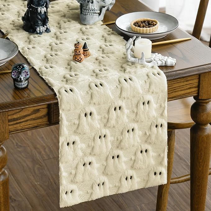 Artoid Mode Beige Ghost Soft Plush Faux Fur Jacquard Halloween Table Runner, Holiday Kitchen Dining Table Decoration for Home Party Decor 13x48 Inch